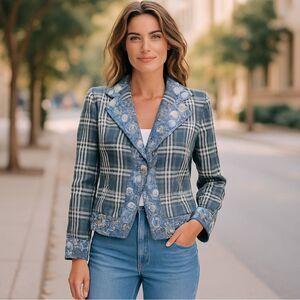 Rena Lange Blue Plaid Embroidered Blazer sz 8